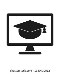E Learning Icon. Graduation cap symbol on computer monitor.