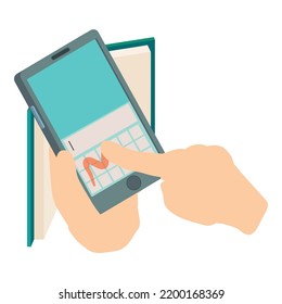 E learning icon isometric vector. Human hand holding smartphone, open paper book. Modern technology in education