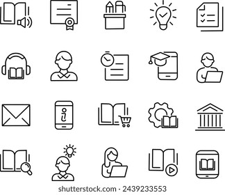 E - LEARNING  icon set.E-Learning, Educational Exam, Rocket, Brain, Book. Vector Illustration