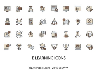 e learning icons set isolated on White Background Flat style design