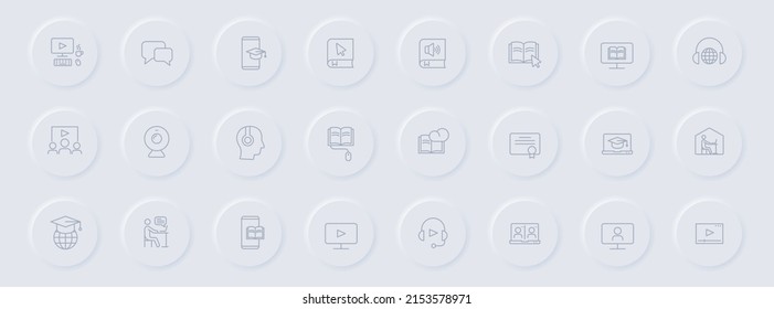 e learning line gray icons on round rubber buttons. e learning icon set for web, mobile apps, ui design and promo business polygraphy