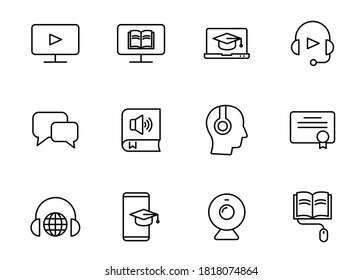 e learning line vector icons isolated on white. e learning icons for web and ui design, mobile apps, print and business promo advertising