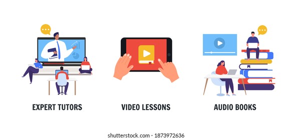 E learning. Online classroom. Students. Study from home. Vector