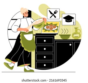 E learning and online education concept. Young smiling woman taking remote cooking course on laptop. Female character watching video webinar. Cartoon flat vector illustration in doodle style