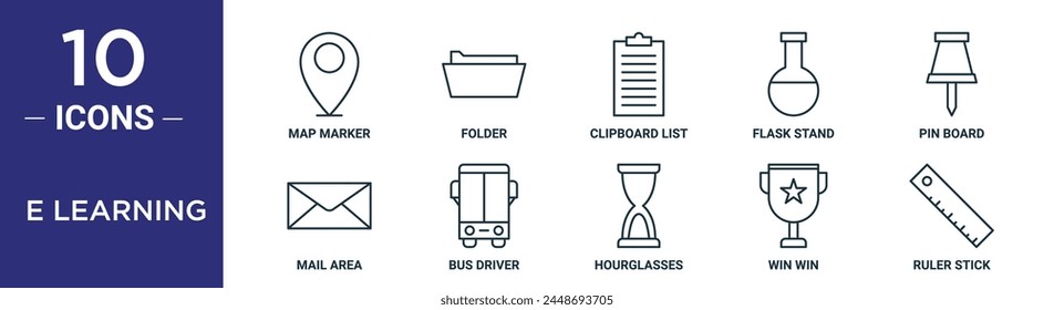 e learning outline icon set includes thin line map marker, folder, clipboard list, flask stand, pin board, mail area, bus driver icons for report, presentation, diagram, web design