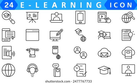 E-Learning-Skizzen Vektor-Icons auf Weiß isoliert. E-Learning-Icon-Set für Web- und UI-Design, mobile App und Druckprodukte