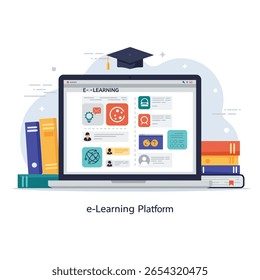 Plataforma de aprendizagem E no laptop com livros e ilustração de tampa de formatura