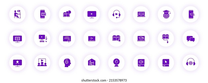 e learning purple color silhouette icons on light round buttons with purple shadow. e learning vector icon set for web, mobile apps, ui design and print