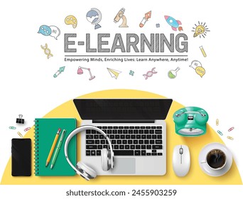 E learning school vector template design. Back to school e learning text with laptop computer digital device, headphone and mouse for distance learning template. Vector illustration e learning 