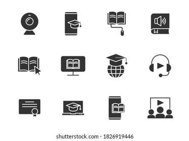 Wir lernen Silhouette Vektorsymbole einzeln auf Weiß. eLearning-Icon-Set für Web, mobile Apps, iDesign und Print