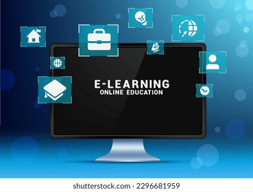 E- Learning text vector concept design. Online education with technology internet for distance course and class. Vector illustration educational learning.