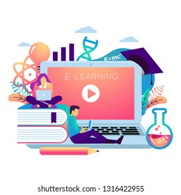 E learning web banner design concept. Student sitting on books with laptop studying on line. Distance learning course, business and education home schooling vector illustration
