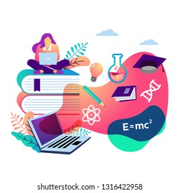 E learning web banner design concept. Student sitting on books with laptop studying on line. Distance learning course, business and education home schooling vector illustration