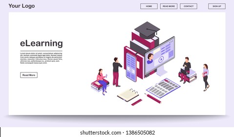 E learning webpage vector template with isometric illustration. Webinars, video tutorials. Online business training. Remote studying, distance education. Website interface layout. Webpage 3d concept