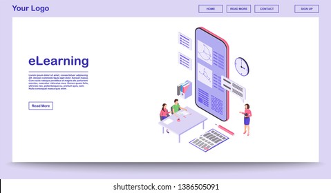 E learning webpage vector template with isometric illustration. Remote education. Online school. Educational smartphone app, studying math, geometry. Website interface layout. Webpage 3d concept