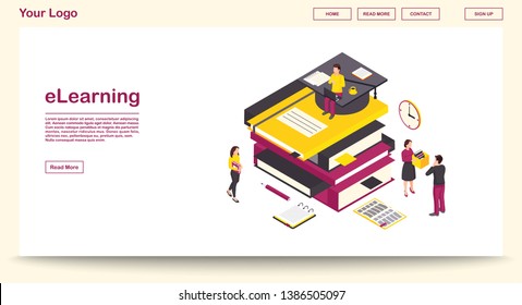 E learning webpage vector template with isometric illustration. Digital library. Online school, classes, lesson. Remote studying, distance education. Website interface layout. Webpage 3d concept