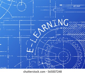 E Learning word on machine blueprint background illustration

