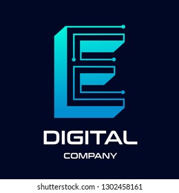 The E letter 3 dimensions or 3D with dot and technology symbol on dark blue background in the style of modern. This logo is suitable for industrial, mechanical, connection, business and automotive.