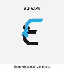 E- Letter abstract icon & hands logo design vector template.Italic style.Business offer,Partnership,Hope,Help,Support,Teamwork sign.Corporate business & education logotype symbol.Vector illustration
