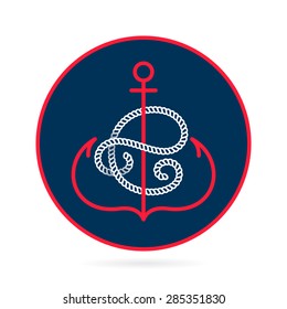 E letter with an anchor and rope vector vintage label, logo, icon design template element. This badge can be used as trademark or a print on fabric.