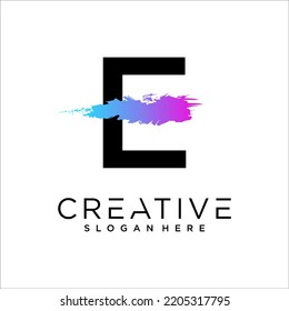E Letter with Artistic Brush Stroke Ending.Purple Blue Electric Vibrant Color Vector Illustration.