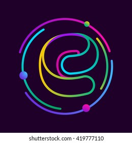 E letter with atoms orbits. Font style, vector design template elements for your application or corporate identity.