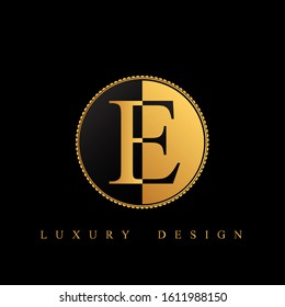 E letter with black and golden colors in circle frame vector illustration. Modern letter for logo, label, cover, card, invitation, book title, first page, gold business name, shop, boutique, web page.