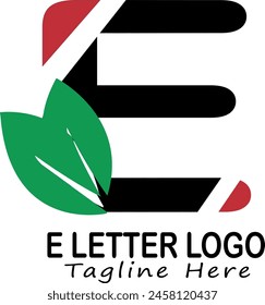 E Letter with black white red leaf typography logo design