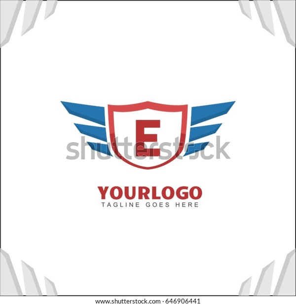 E letter brand identity. Falcon wing\
logo vector icon. Blue shield design\
template.