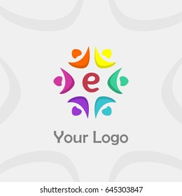 E letter brand identity. Unity people concept. Colorful circle ring and flower logo for business vector set design