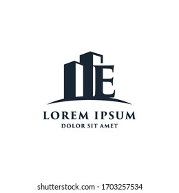 E Letter building logo with swoosh logo design template