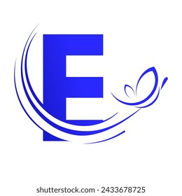 E letter with  butterfly design template illustration