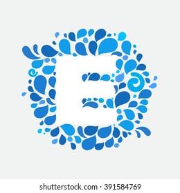 E letter in a circle of splashes and drops of water. Font style, vector design template elements for your ecology application or corporate identity.