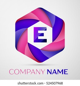 E Letter colorful logo in the hexagonal on grey background. Vector template for your design