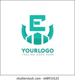 E letter creative logo. Real estate icon design for business visual identity. Illustration city, house and skyscraper.