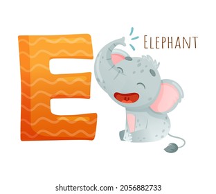 E letter and cute elephant baby animal. Zoo alphabet for children education, home or kindergarten decor cartoon vector illustration