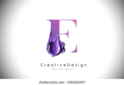 E Letter Design Brush Paint Stroke. Purple e Letter Logo Icon with Violet Paintbrush Vector Illustration