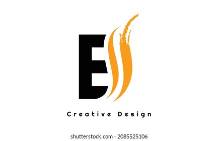 E Letra Diseño Pincel Pincel Pintura Estroca. Logotipo de letra con pincel negro y amarillo.