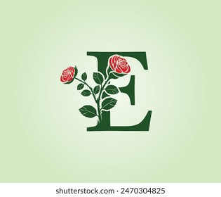 E Letter design with red rose flower and leaves on a green background. Initial Letter E Vector Illustration combined with Botanical elements.