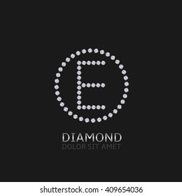 E Letter with diamonds. Expensive, precious symbol. Luxury logo