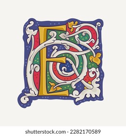 Logo de la tapa de gota de letra E con elementos de caligrafía dorada y vid blancos entrelazados. emblema inicial renacentista. Un lujoso ícono medieval de lujo de color dim basado en lo otonio y románico.