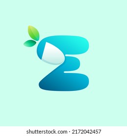 E letter eco logo with curled corner and green leaves. Negative space style icon. Colorful gradient note paper. Vector origami font for agriculture art, waste recycling design, healthy food packaging.