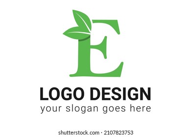 E letter eco logo with leaf. Vector typeface for nature posters, eco friendly emblem, vegan identity, herbal and botanical cards etc. Ecology E letter logo with green leaf.