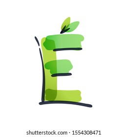 E letter ecology logo with green leaves handwritten with a felt-tip pen. Vector green marker font can be used for eco, vegan, bio, raw, organic template.