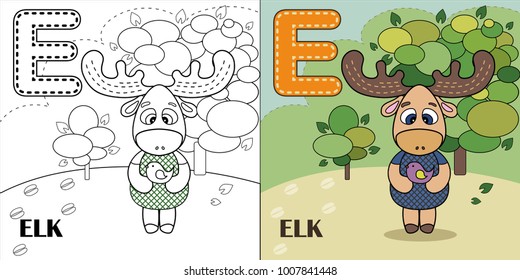 E letter, elk. vector cartoon, coloring book or page. Alphabet