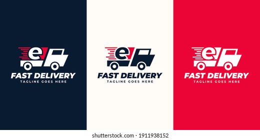 E Letter express delivery  Logo designs Template. Illustration vector graphic of  letter and fast truck  logo design concept. Perfect for Delivery service, Delivery express logo design