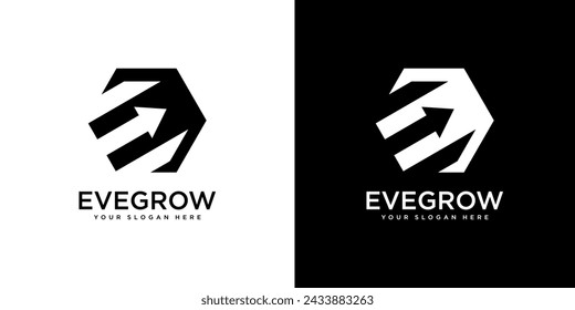 Plantilla de diseño de logotipo financiero de letra E. Concepto de Logo de Finanzas y Desarrollo de Inversiones Financieras con Flecha de Crecimiento de Negocios.