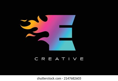 Diseño del logotipo de la flama de la letra E. Vector de concepto de marca con logotipo de fuego en colores vibrantes del arcoiris
