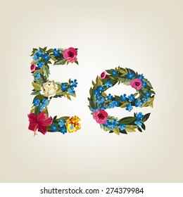 E letter. Flower capital alphabet. Colorful font. Uppercase and Lowercase. Vector illustration.