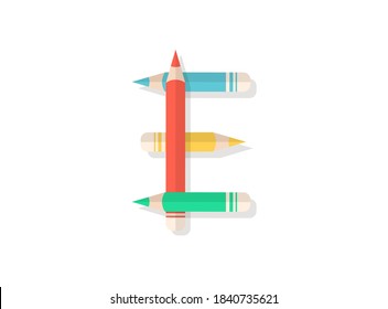 E letter font made of multicolored pencils. Vector design element for logo, banner, posters, card, labels etc. 